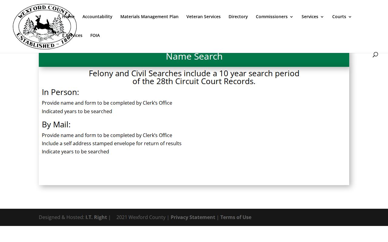 Wexford County criminal court case name-search request through the circuit clerk