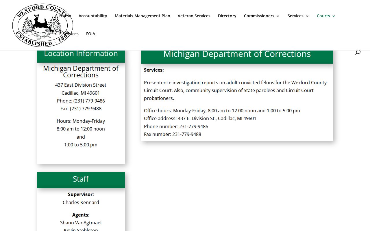 Wexford County felony criminal probation and parole office contacts