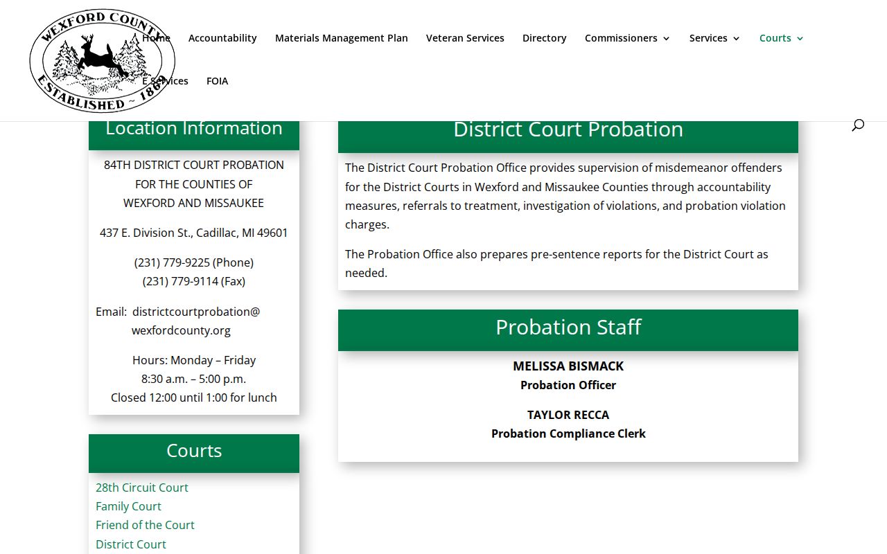 Wexford County misdemeanor criminal probation office contacts
